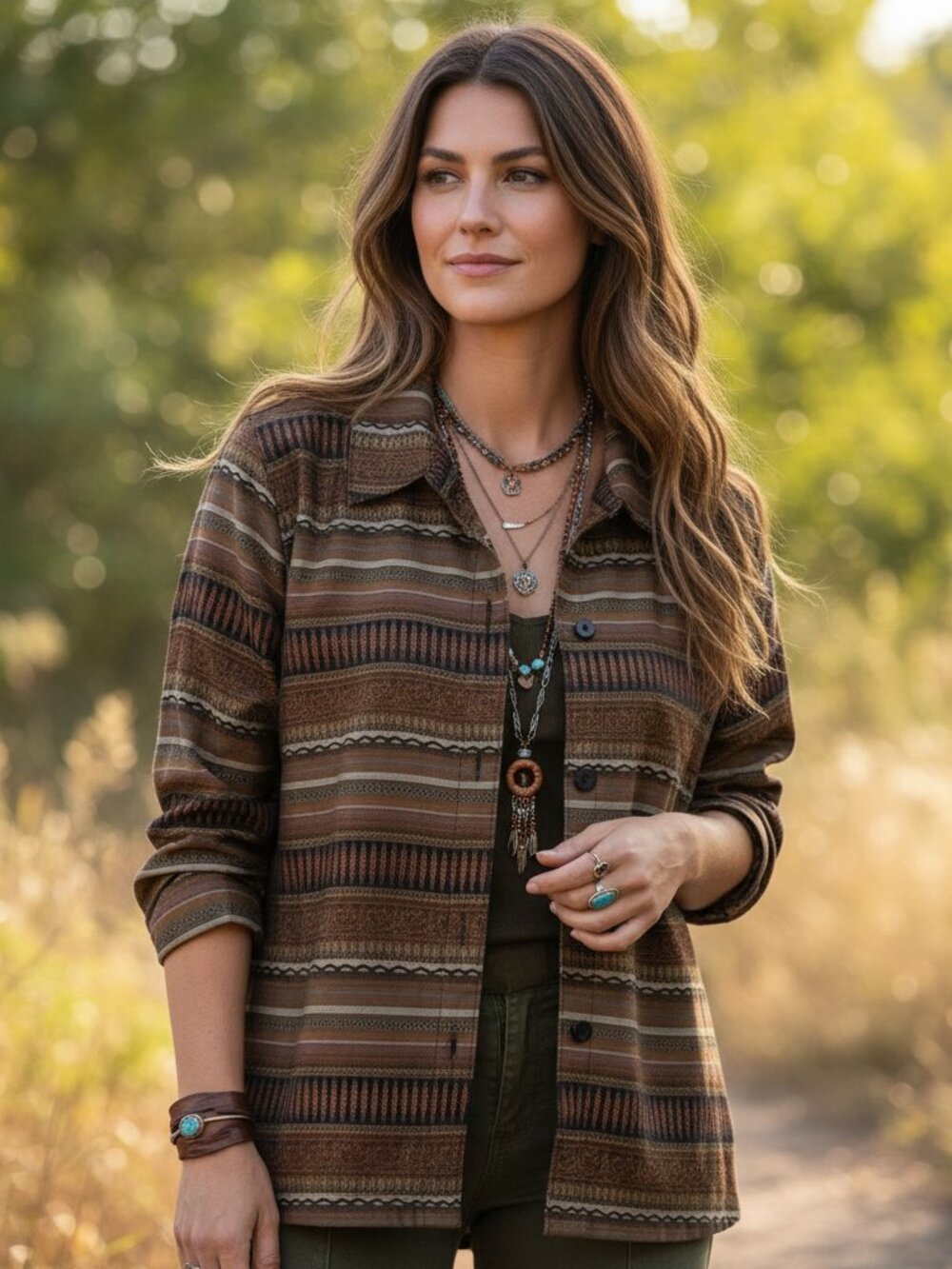 White Stag L 12 14 Jacket Blazer Brown Black Striped Tribal Button Pockets Boho